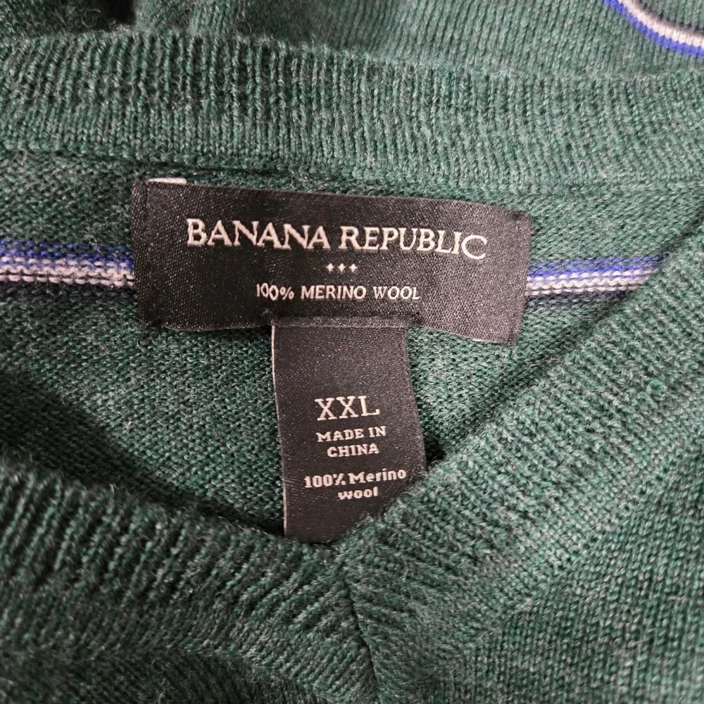 Banana Republic 100% Merino Wool V-Neck Sweater Forest Green Striped Men's XXL